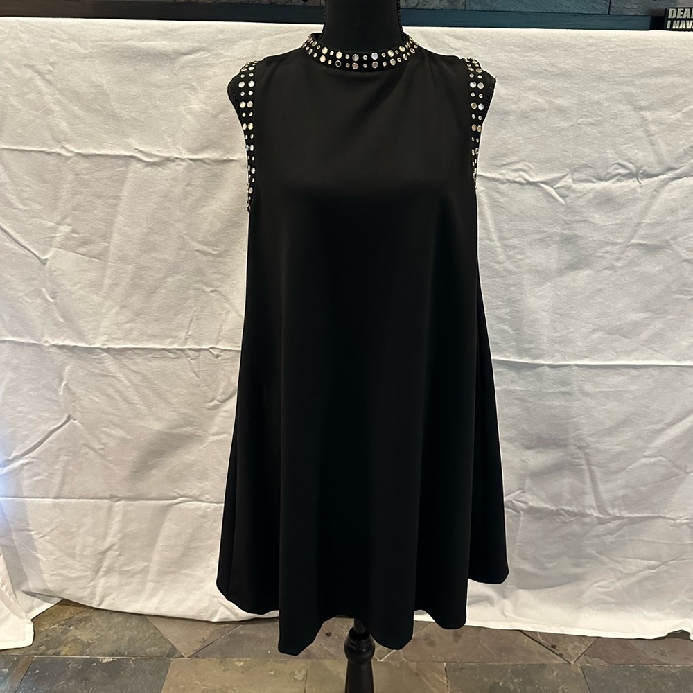 GRACIA Black Sleeveless A line Holiday Dress w Mirror Stud Trim Sz Medium